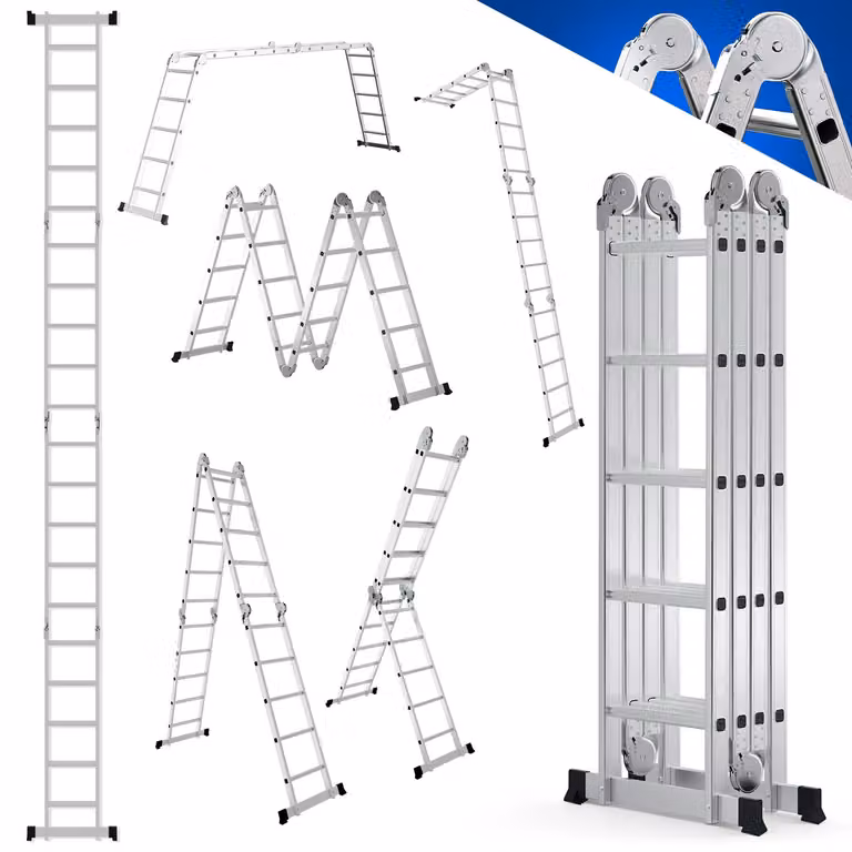 Scala telescopica in alluminio Ikodm, 4x5 gradini, scala multifunzione pieghevole, scala per uso domestico, colore argento, portata massima 150 kg