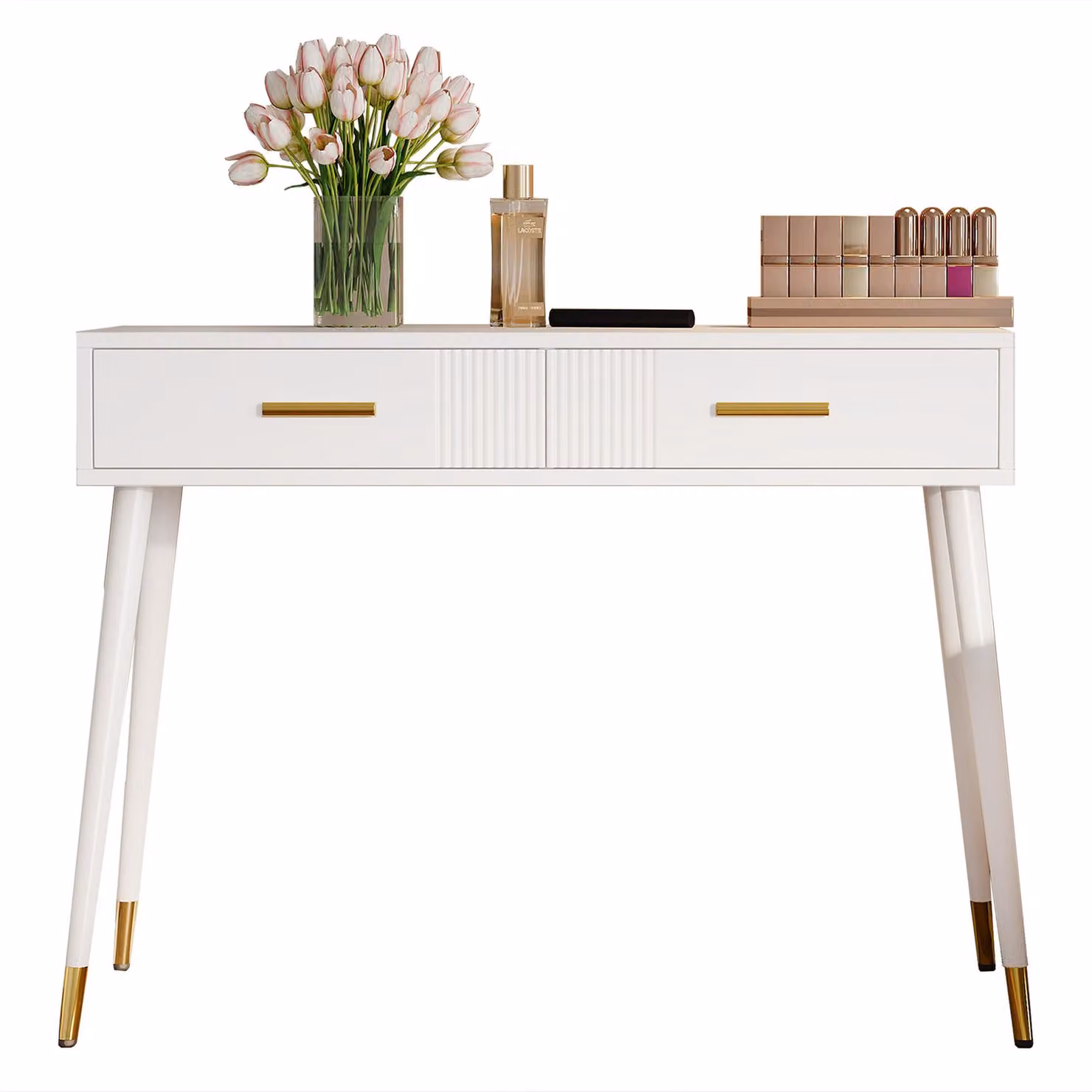 Toeletta, tavolino da trucco, scrivania con 2 cassetti, gambe in metallo, bianco, dimensioni: H 76 cm × L 100 cm × P 40 cm