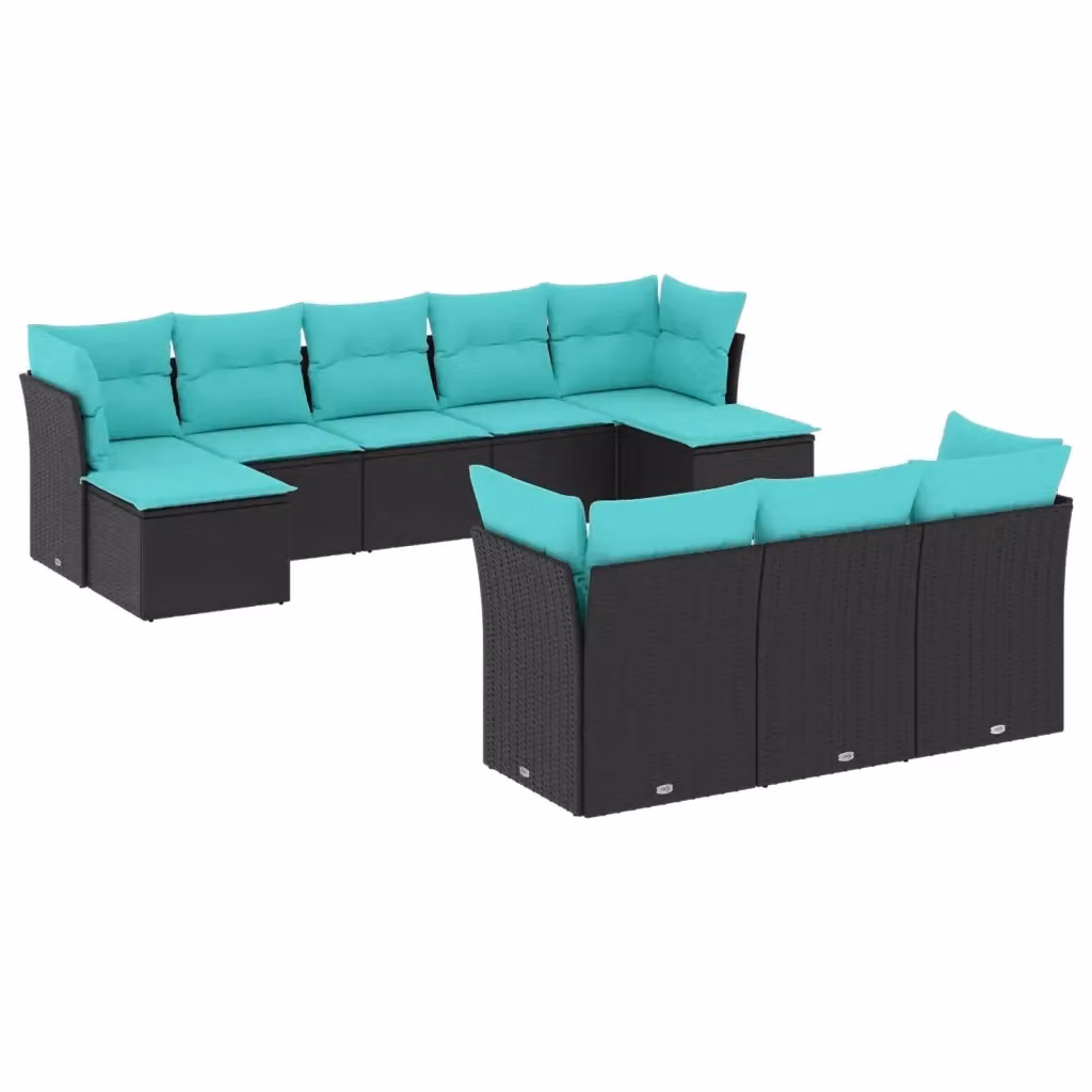 Set di Divani da Giardino a Forma di U vidaXL in Polyrattan con Cuscini, Colore Nero, Blu e Turchese – 2