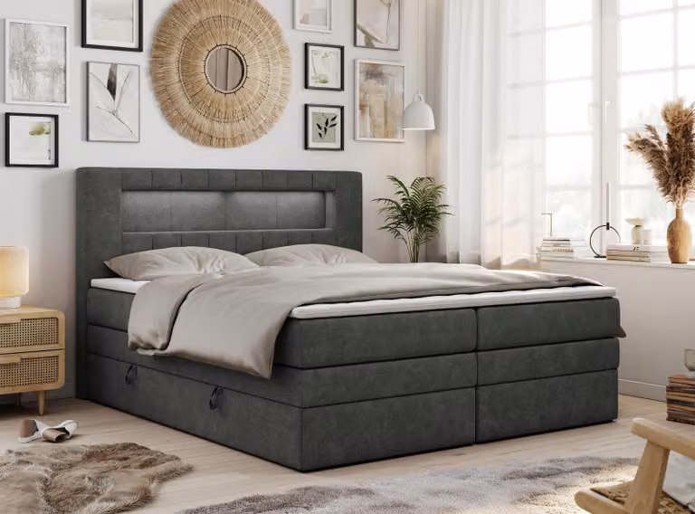 Letto boxspring con testiera LED e topper - GOLD-5-KING - 120x200 cm - Grigio scuro - Rigido (H4)