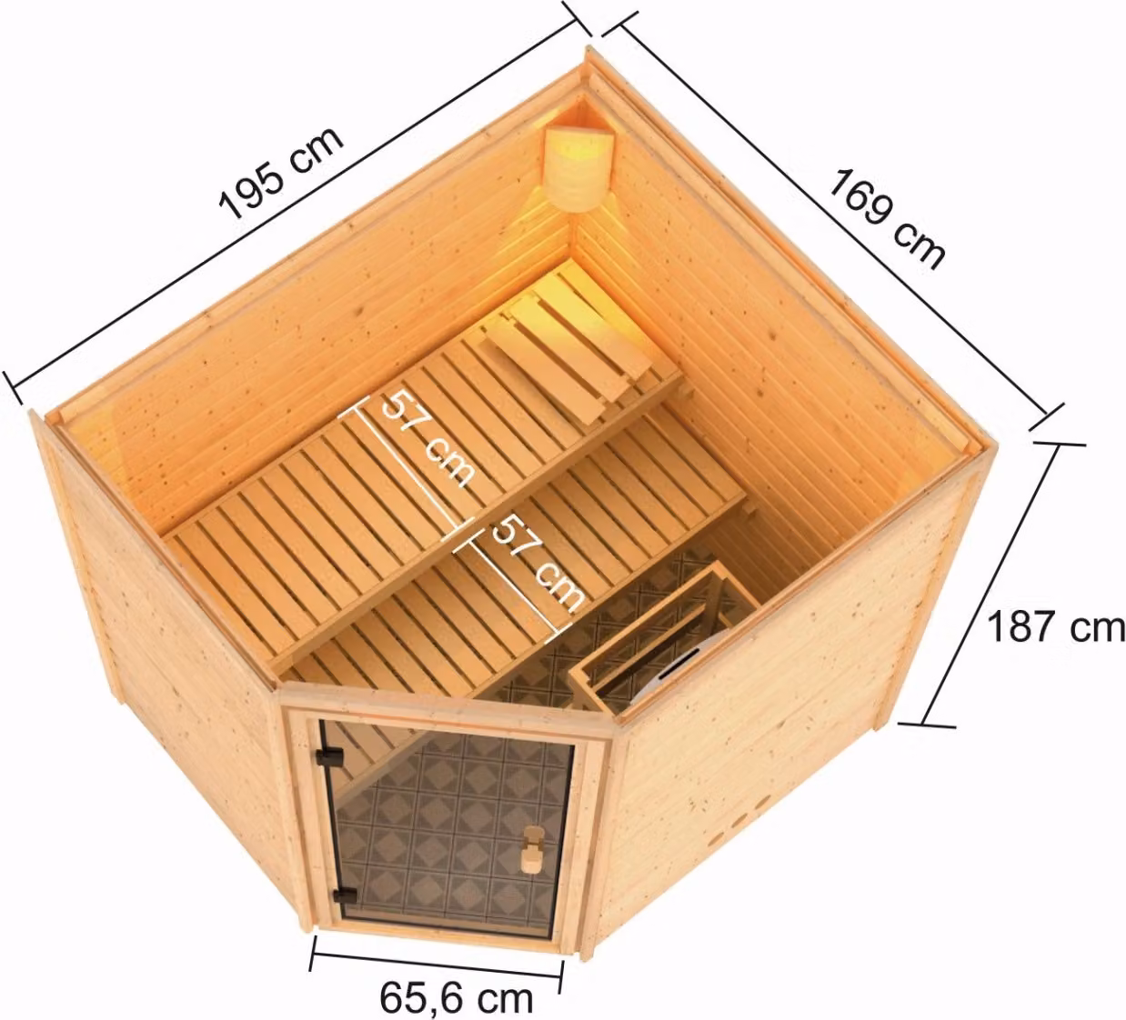 Sauna Woodfeeling Elea (ingresso ad angolo), porta tutto vetro, bronzata, senza accessori