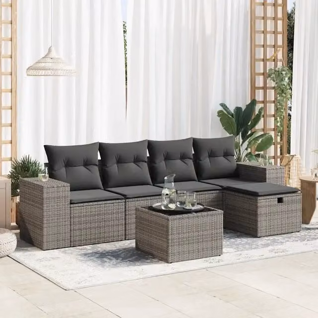 Set Divano da Giardino 6 pz con Cuscini Grigio in Polyrattan 3325676