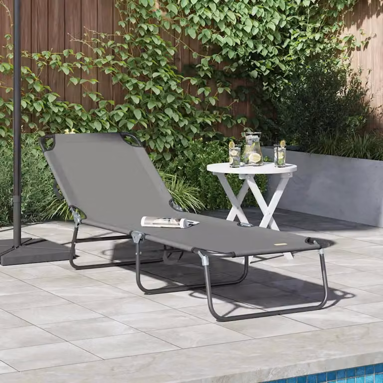 vidaXL Lettino prendisole pieghevole in textilene grigio con poggiatesta regolabile e struttura in acciaio, L: 188 cm, P: 57 cm, H: 86,5 cm