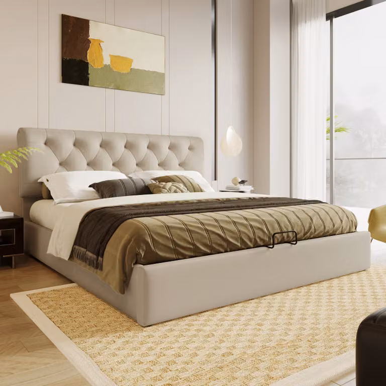 Letto singolo STILVORA, 140x200 cm, imbottito, con meccanismo a sollevamento idraulico e poggiatesta regolabile, rete a doghe in metallo, letto a due piazze con spazio contenitore, colore naturale (senza materasso)