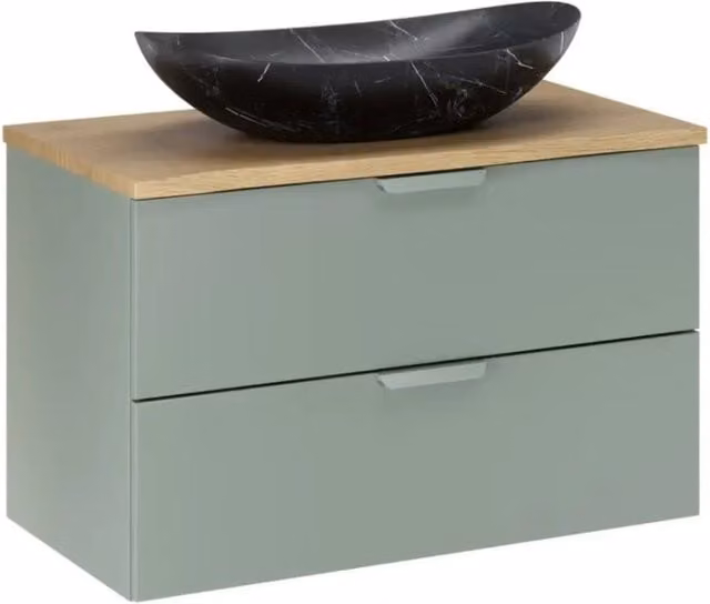 Insieme OSTER 80cm: mobile sottolavabo con cassetti verde salvia + top per lavabo + lavabo da appoggio nero striato bianco