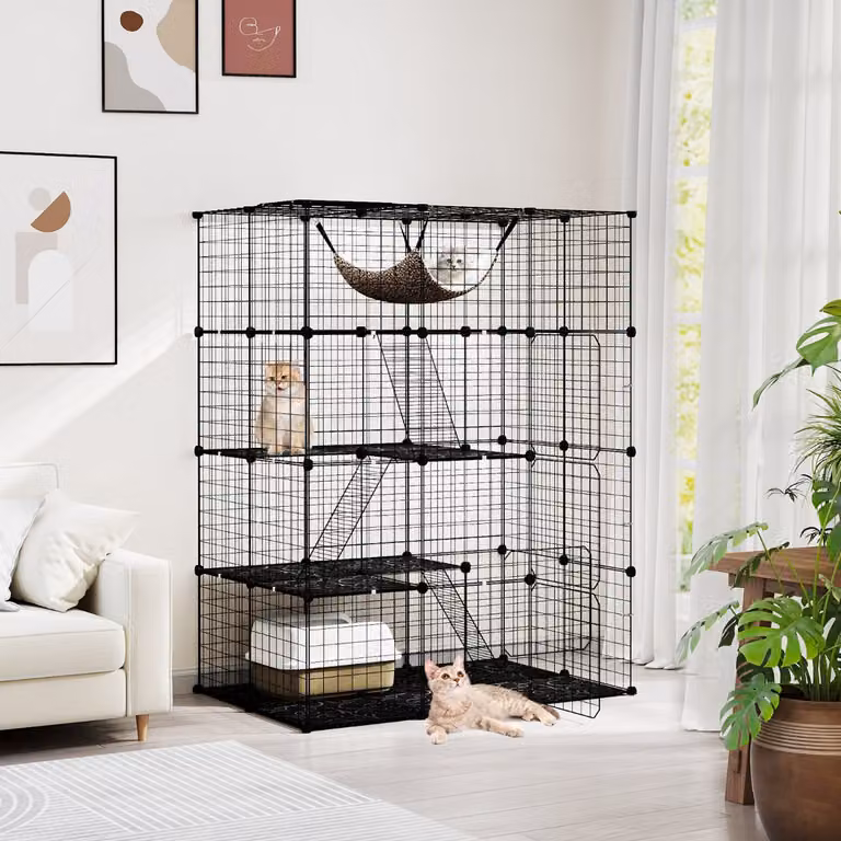 Gabbia per gatti Costway a 4 piani con accessori, recinto da interno in metallo nero, Altezza: 143 cm