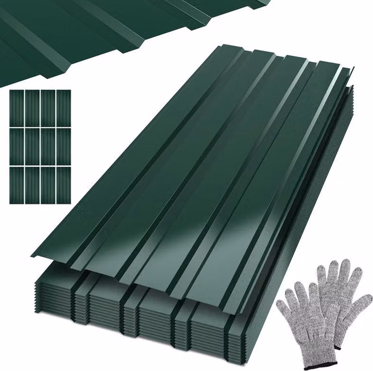 Ikodm, 36 lamiere ondulate per tetti, profilate, in metallo, superficie liscia, fornite con guanti, dimensioni 115x45 cm, spessore 0,25 mm, copertura di 188 m², colore verde
