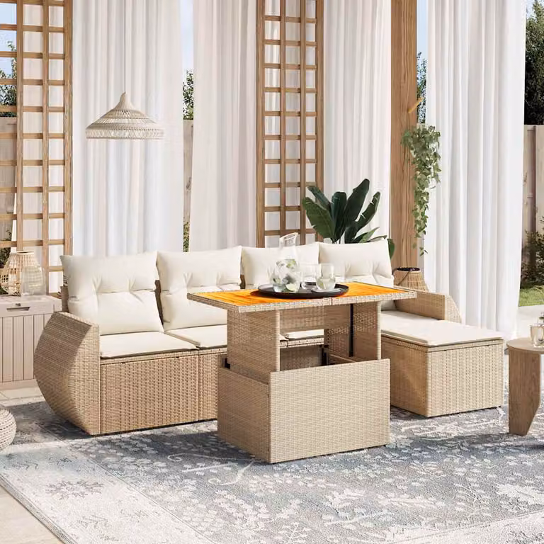 Set Divano da Giardino vidaXL 6 pz in Polyrattan Beige con Cuscini e Tavolino