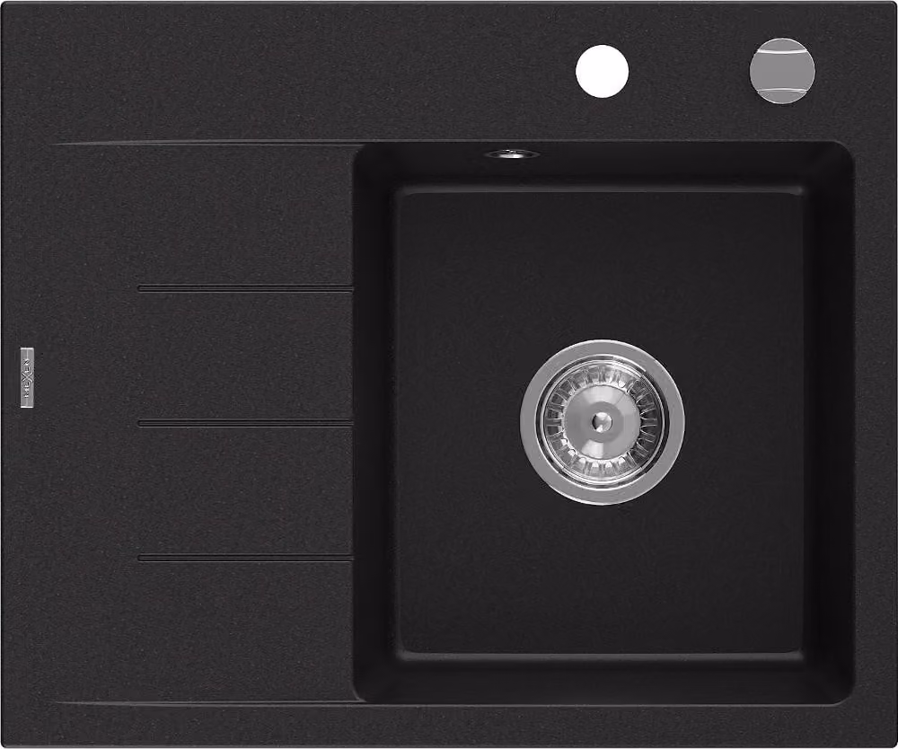 Mexen Ben lavello in granito a 1 vasca con sgocciolatoio, destro 600 x 500 mm, nero, sifone cromato - 6523605000-77