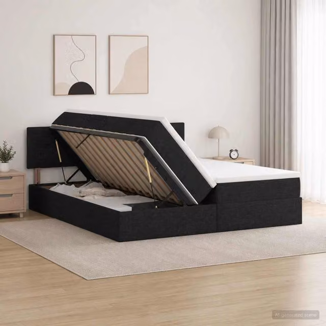 Letto con Contenitore e Testiera vidaXL in Pelle Sintetica e Tessuto Nero L/P/H: 180 x 200 x 140 cm – 1
