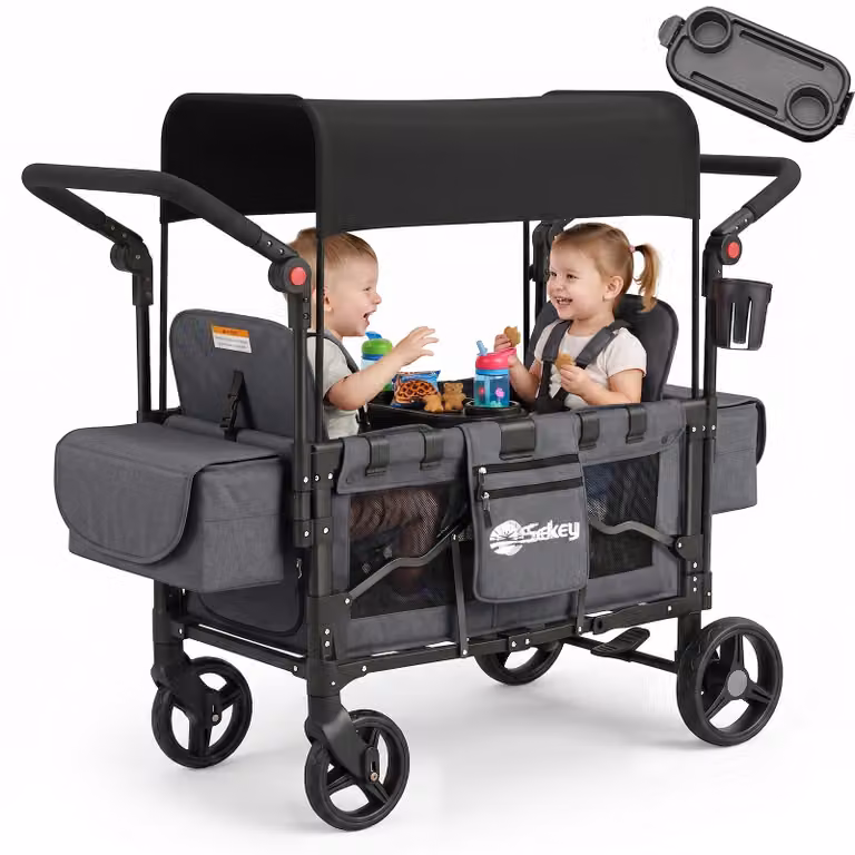Carrello pieghevole Sekey con tettuccio, modalità gemellare, passeggino a due posti con 2 sistemi di cinture a 5 punti, nero