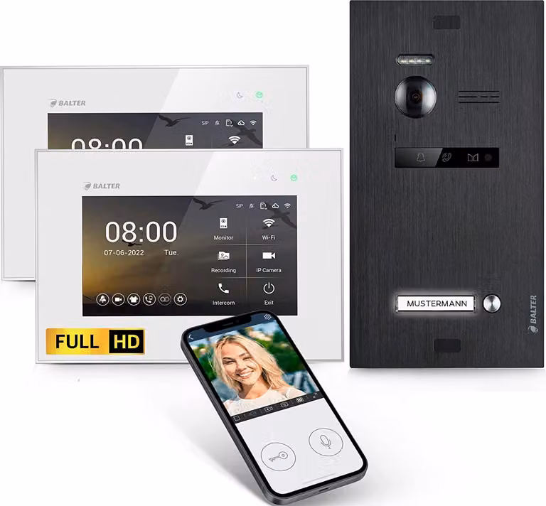 Videocitofono HD con app per smartphone per abitazioni monofamiliari, 2x monitor, Balter EVO HD WLAN nero