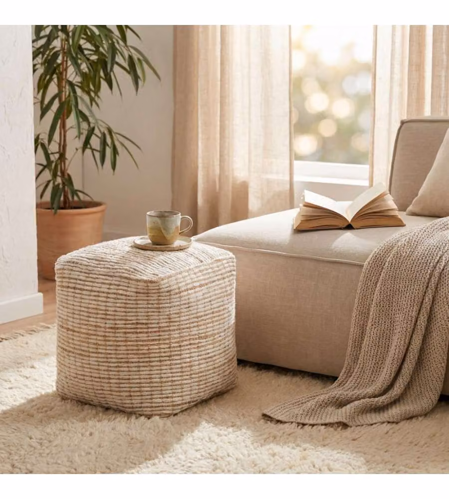 Cosma Pouf Quadrato Ecrù in Lana e Juta 40x40 cm - Design Moderno