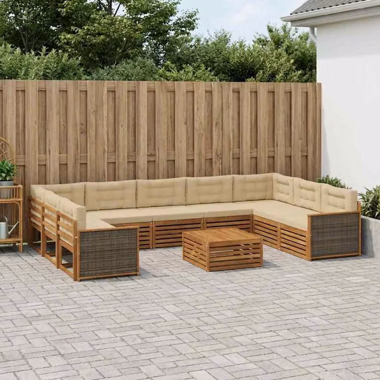 vidaXL Set di divani da esterno a forma di U in legno di acacia con cuscini, Beige e Marrone