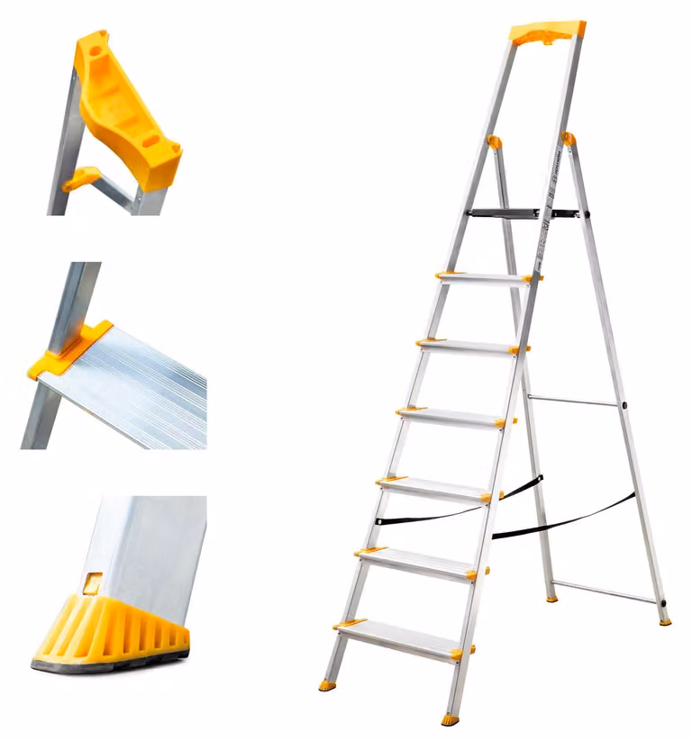 Scala in alluminio con 7 gradini, pieghevole e sicura, portata massima 150 kg