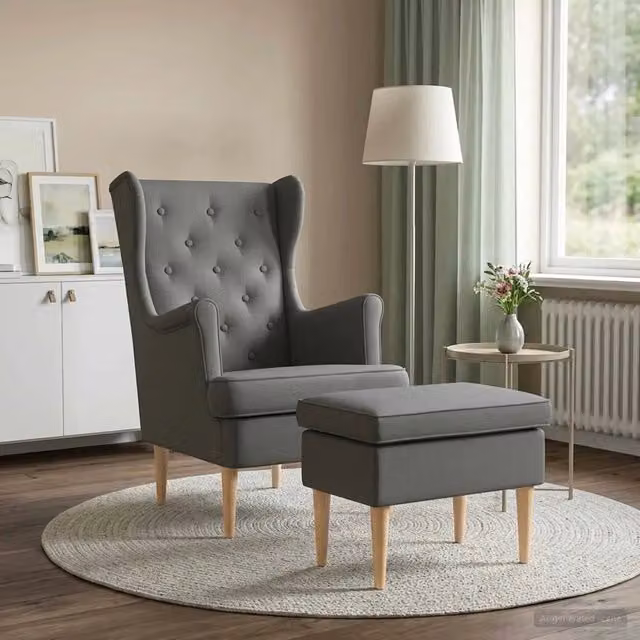 Set Divano Sedia-Poltrona con Ottomano 2 pz in Tessuto Grigio con Struttura in Legno Massello