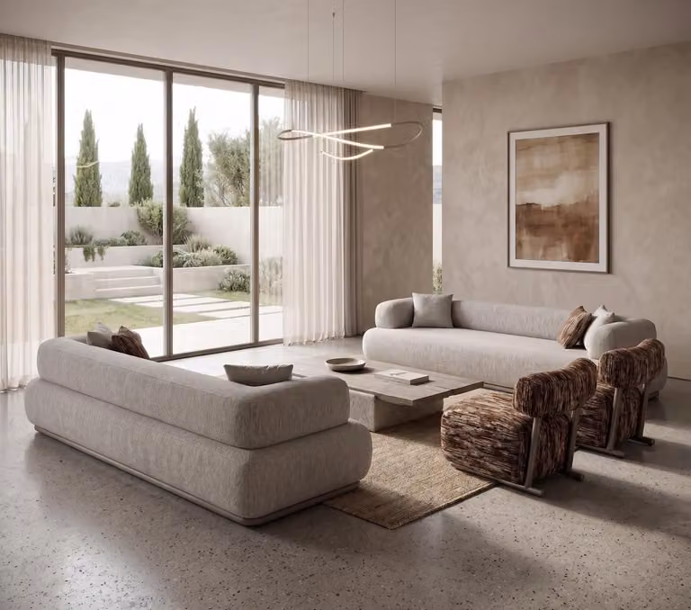 Divano e poltrona componibili rivestiti in tessuto beige