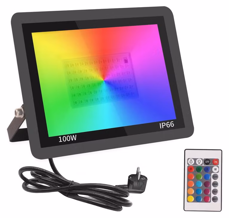 Fareto LED RGB da 100W, dimmerabile, grado di protezione IP66, con telecomando, cambio colore, 4 modalità