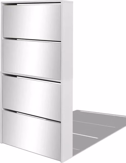 Scarpiera moderna con specchio e 4 ripiani bianca lucida L: 63 cm, P: 17 cm, H: 134 cm