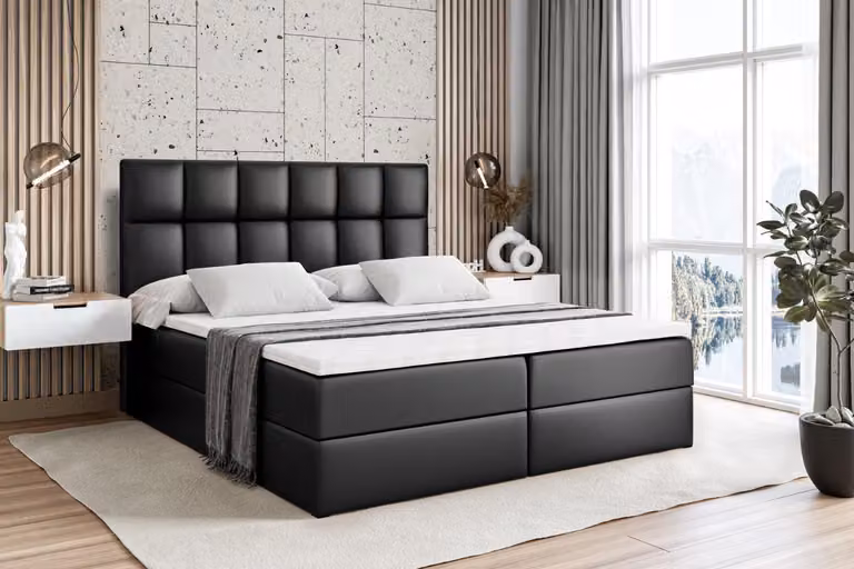 Letto boxspring ALTDECOR con materasso e rete a doghe - RICAR - 160x200 cm - Pelle finta nera - Letto boxspring, topper, letto imbottito con contenitore, letto con vano portaoggetti H4 - Materasso, letto matrimoniale, letto boxspring