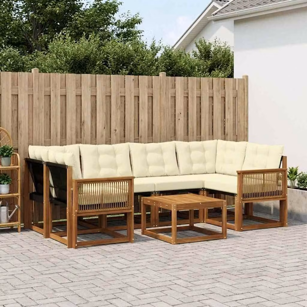 vidaXL Set di divani da esterno a L composto da 7 pezzi in legno di acacia con cuscini beige e bianchi