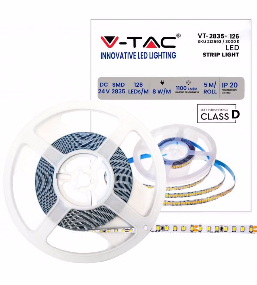 Strip LED SMD2835 8W/m 5m 120 LED/m 137LM/W 24V 3000K IP20 10mm