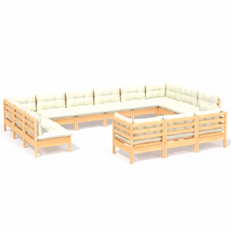 Set Salotto da Giardino 13pz con Cuscini Crema in Legno di Pino