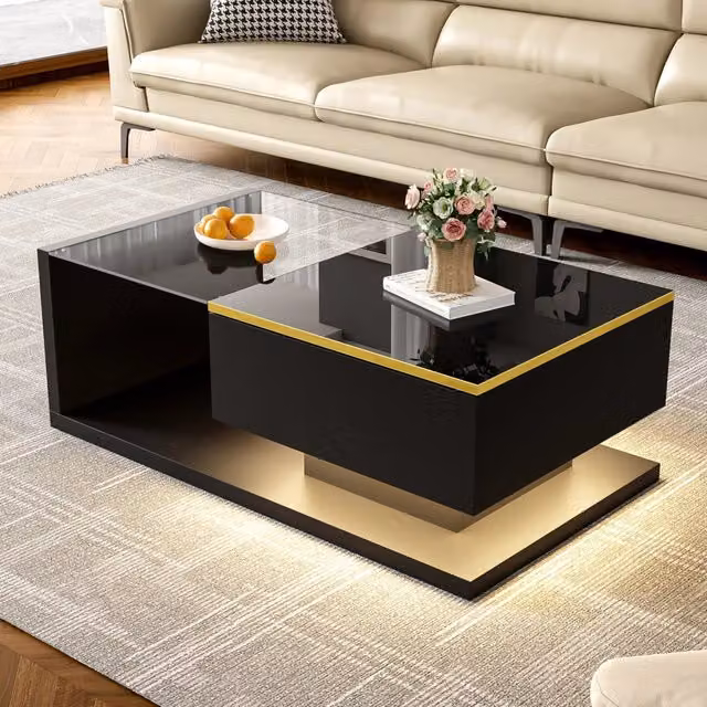Tavolino basso fisso con vano aperto e LED dimmerabile in vetro temperato nero lucido 90 × 50 × 32.5 cm