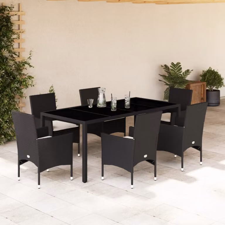 Set Pranzo da Giardino vidaXL 7 pz in Polyrattan e Legno di Acacia con Piano in Vetro Nero