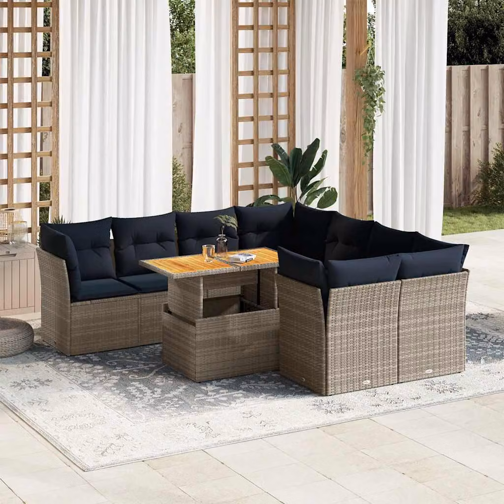 Set Divano da Giardino vidaXL 9 pz a Forma a U con Cuscini e Tavolino, Polyrattan e Acciaio, Grigio e Blu