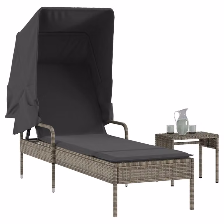 vidaXL Lettino Prendisole con Baldacchino e Tavolino in Polyrattan Grigio