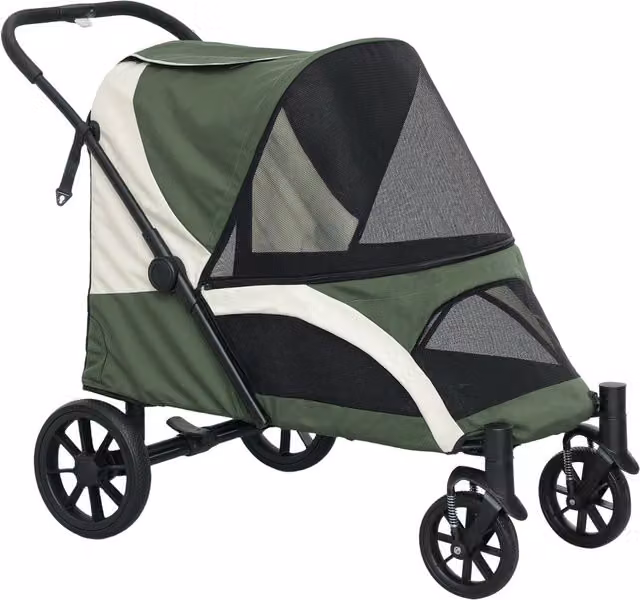 Carrello per cani e gatti pieghevole, fino a 30 kg, con cuscino, finestre a rete, porte, tasca portaoggetti, guinzagli di sicurezza e freni, verde scuro