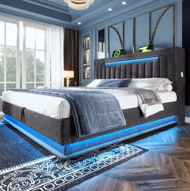 Letto imbottito 140x190 cm grigio con LED, ricarica USB-C e contenitore idraulico
