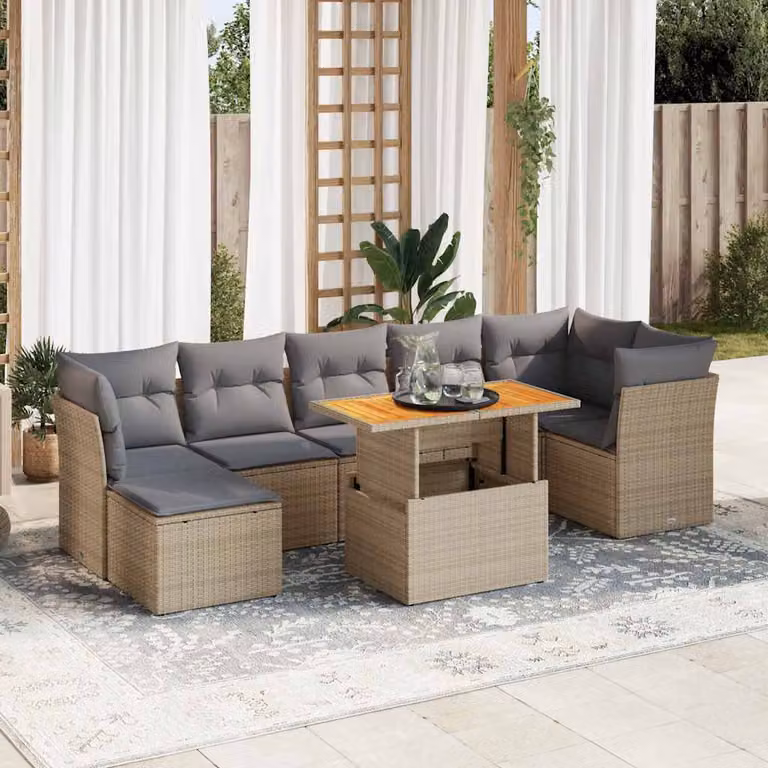 Set Divano da Giardino vidaXL 8 pz in Polyrattan Beige con Cuscini e Tavolino da Esterno a Forma di L