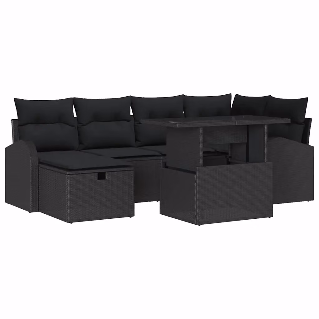 Set Divano da Giardino vidaXL 7 Pezzi in Polyrattan Nero con Cuscini e Tavolino – 2