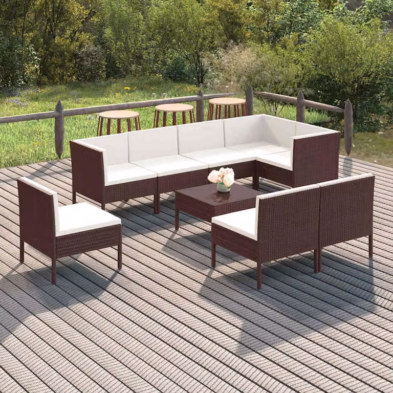Set Divani da Giardino vidaXL 9 pz in Polyrattan Marrone e Bianco con Cuscini e Tavolino da Caffè