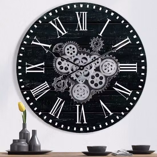 Ora Industriale Nera per Parete - con Pignoni Rotanti - 57 cm - Legno