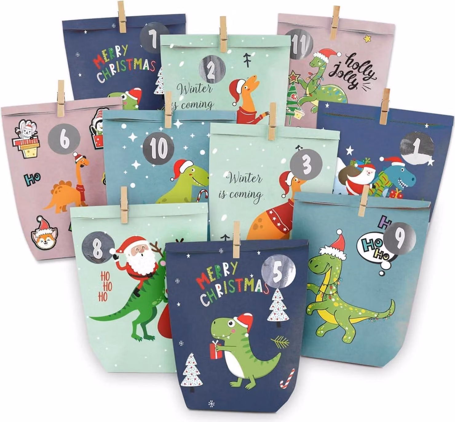 Calendario dell'Avvento 24 buste con motivo dinosauro auto-riempitivo e appeso
