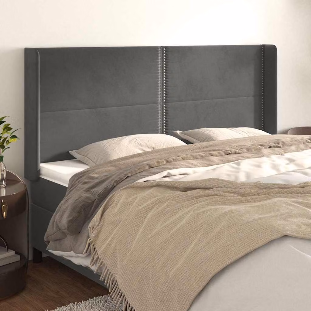 Testiera ad orecchio vidaXL in velluto grigio con struttura in legno e MDF, L: 163 cm, P: 16 cm, H: 118/128 cm