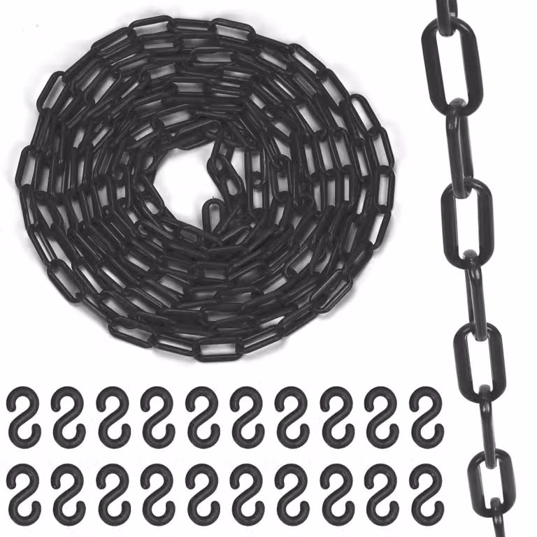 Catena barriera in plastica, lunghezza 5 metri, diametro 6 mm, colore nero, confezione da 21 pezzi con ganci a S