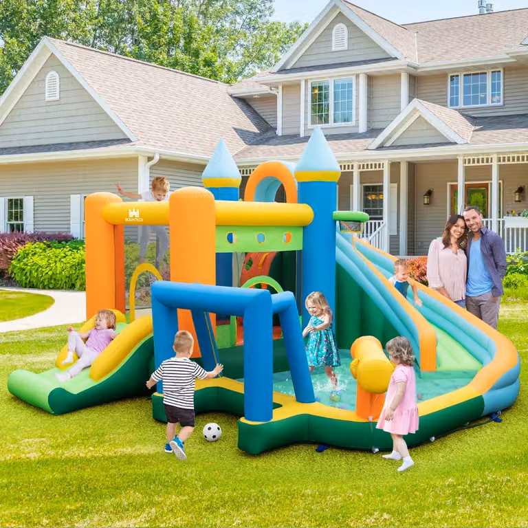 Scivolo gonfiabile d'acqua Costway multicolore con doppio scivolo, piscina splash e parete da arrampicata per parco acquatico