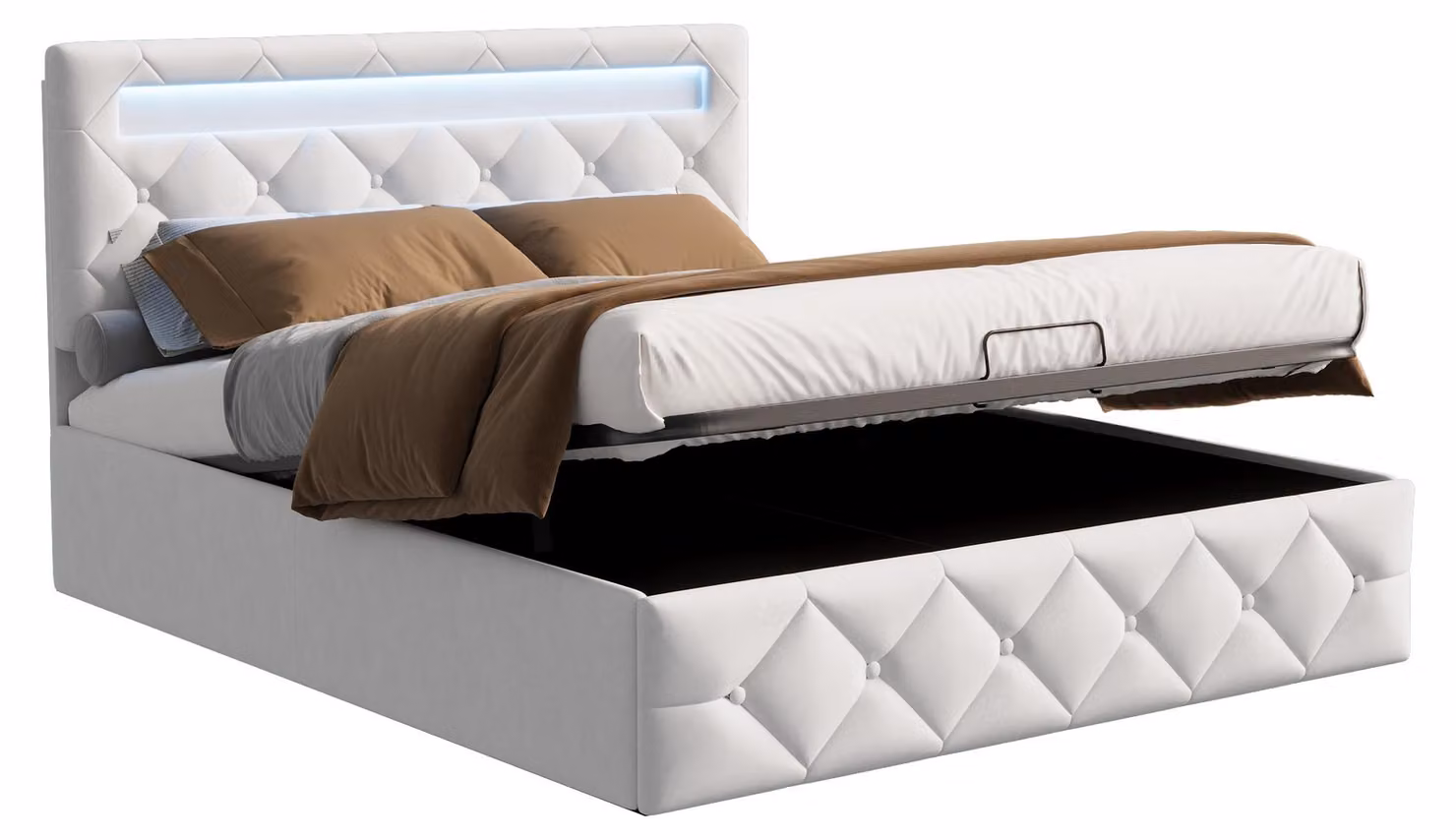 Letto Moonbite con contenitore, dimensioni 160x200 cm, rivestito in velluto beige, con luci LED integrate, poggiatesta regolabile, spazio contenitivo di 32 cm, capacità di carico fino a 350 kg