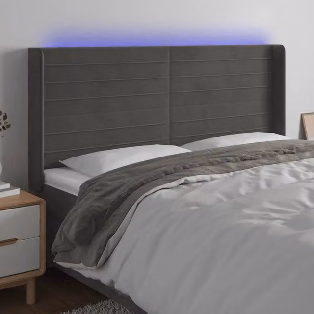 Testiera con LED Design Mania in Velluto Grigio Scuro con Porta USB L/P/H: 163 x 16 x 118/128 cm