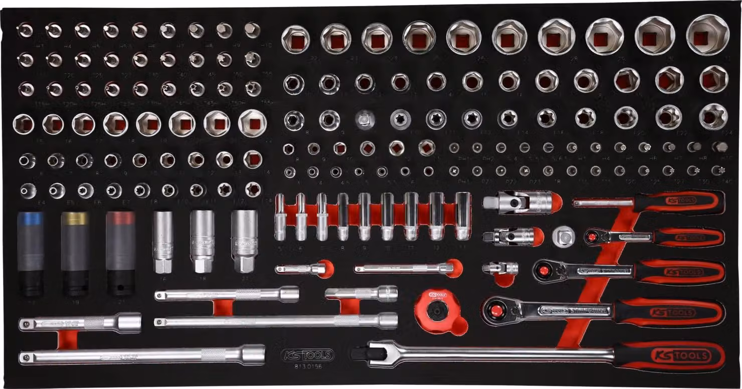 Set di chiavi a bussola da 156 pezzi, 1/4'' + 3/8'' + 1/2'', con inserto in schiuma