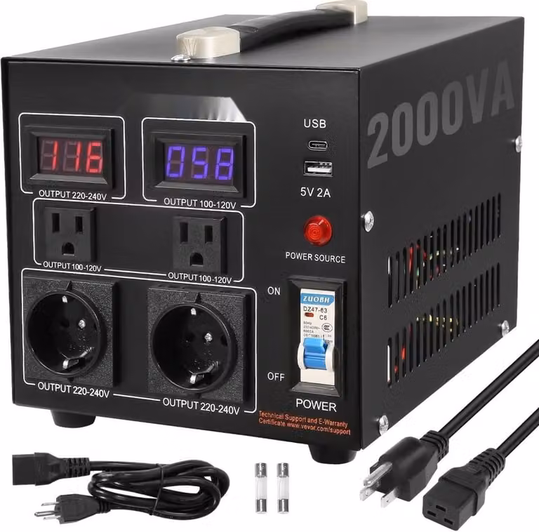 trasformatore di tensione da 2000W - AC 110V⇋220V - 2x prese NEMA 5-15R USA - prese di uscita Shucko 3-pin/2x standard europeo - 1x connessione USB 5V - 1x presa tipo C.