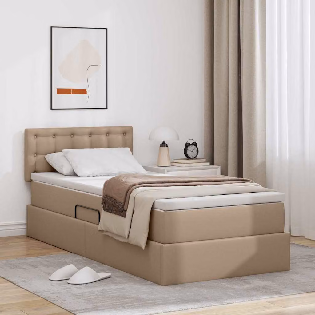 Letto con contenitore e materasso vidaXL in tessuto e similpelle, L/P/H: 200 x 100 x 88 cm, colore beige/marrone – 1