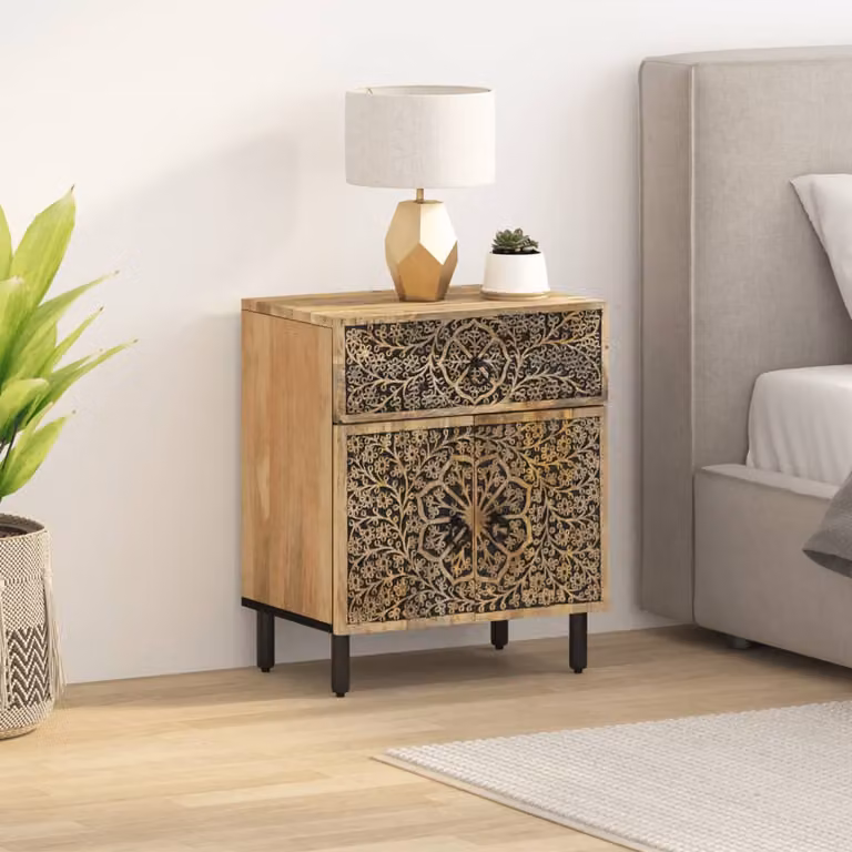 Comodino vidaXL in Legno di Mango e Metallo, Stile Retro, Marrone, L 50 cm x P 33 cm x H 60 cm