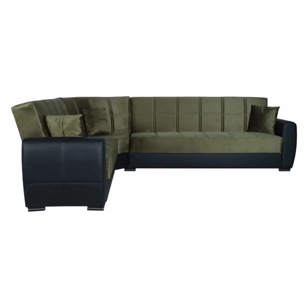 Divano letto angolare con contenitore Gaillardia DMORA in ecopelle e tessuto, modello moderno con apertura click-clack e penisola reversibile, L 305 x P 238 x H 91 cm, Nero e Grigio Scuro – 2