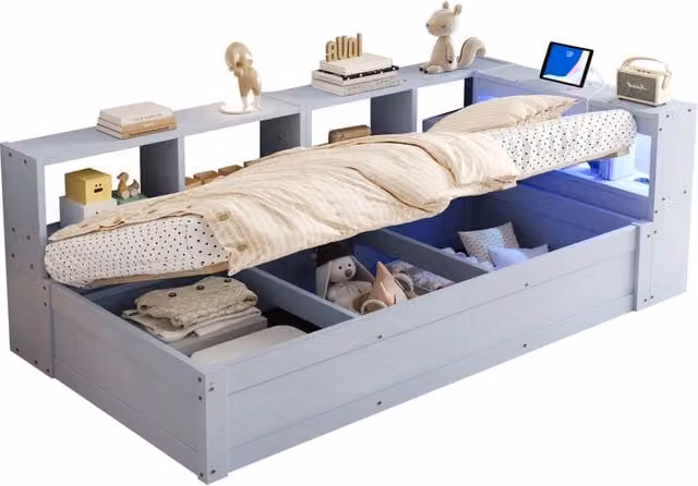Letto singolo 90x200 cm con contenitore idraulico; LED e presa integrata; grigio
