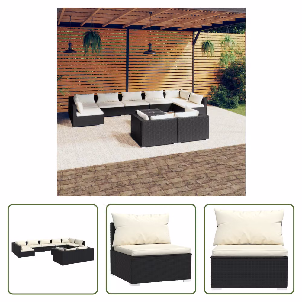 The Living Store Set da giardino da 10 pezzi con cuscini in poly rattan nero